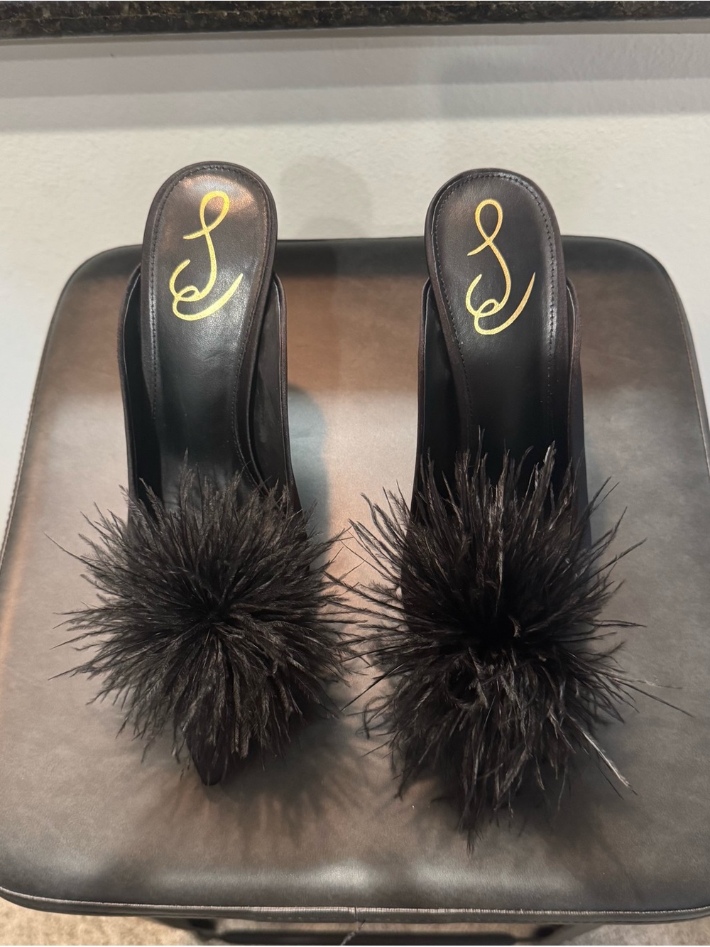 Sam Edelman Black Feather Pom Slip-On Mules - Picture 4 of 8